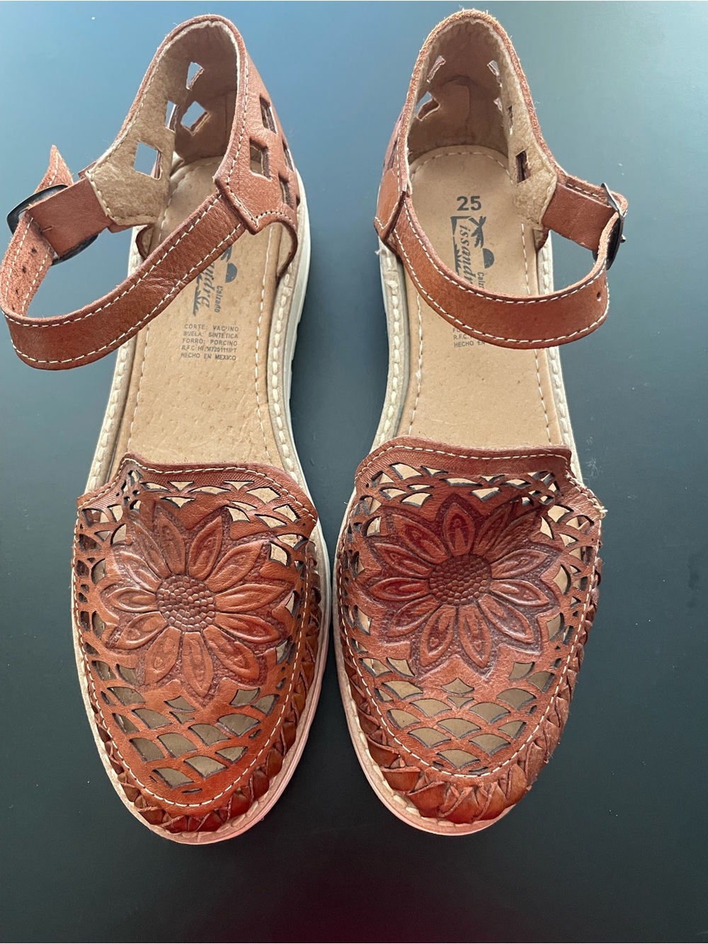 Women’s Tan Floral Cutout Leather Sandals with Ankle Strap